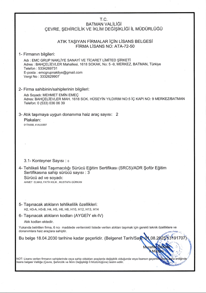 Atık Taşıma Lisansı